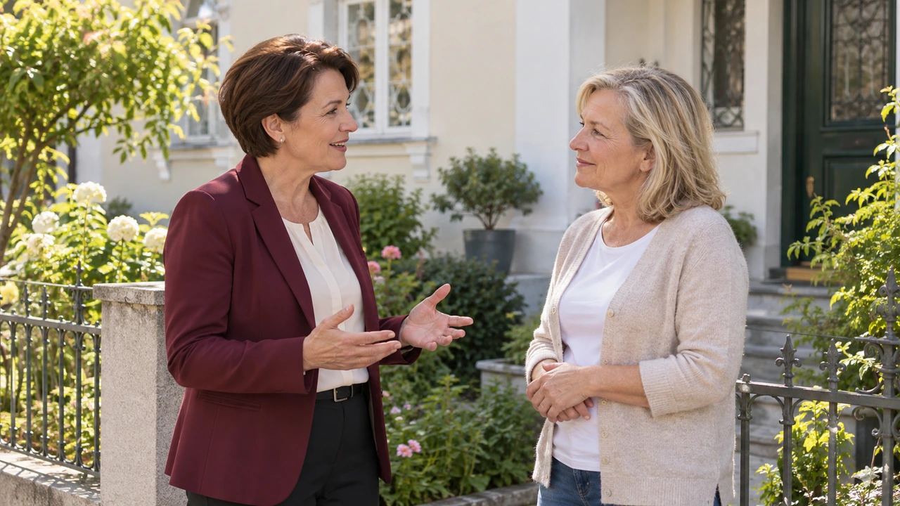 Erfahrene Frau im aufmerksamen Gespräch mit einer Eigentümerin vor einem österreichischen Stadthaus